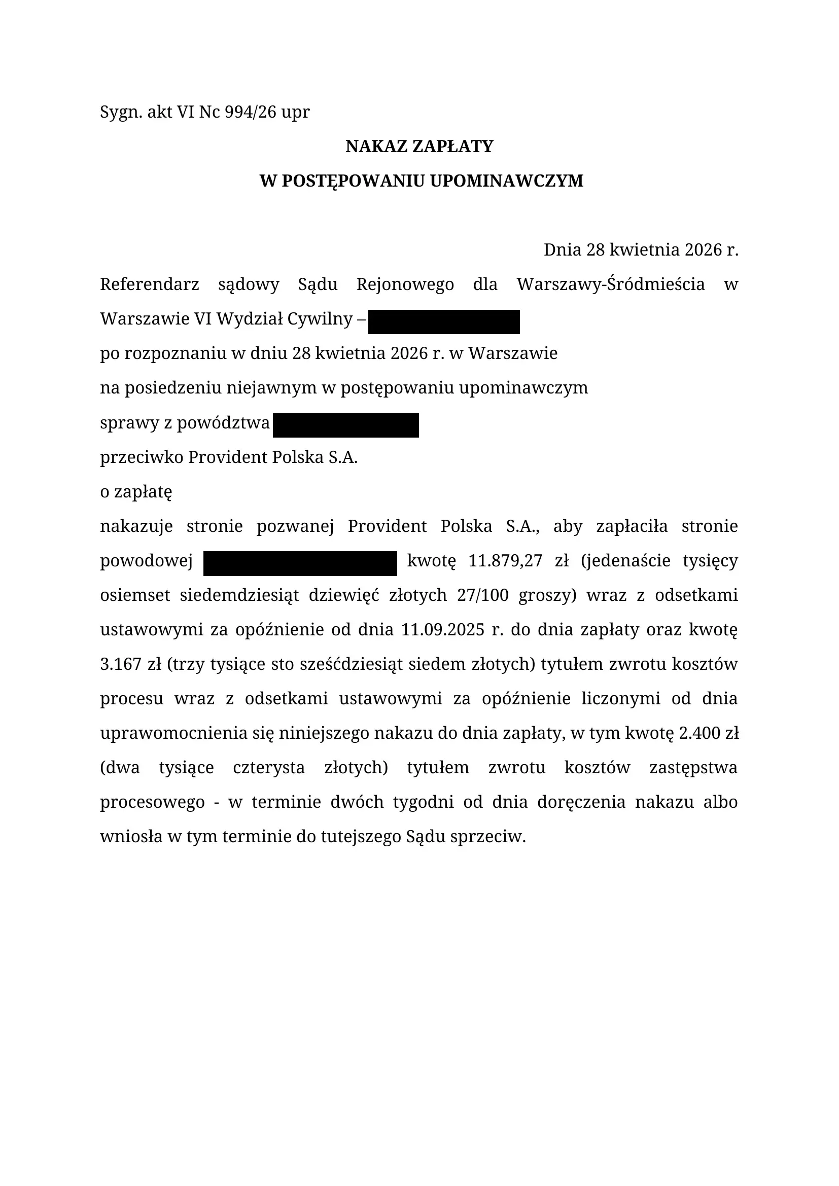 Provident nakaz zapłaty SKD