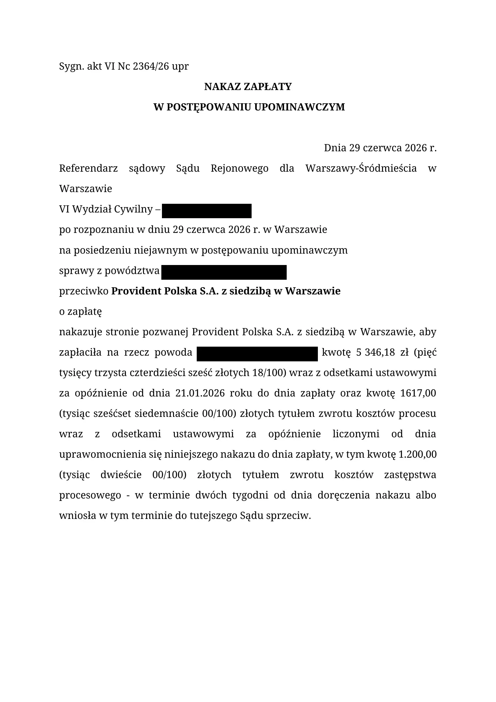 Provident nakaz zapłaty SKD