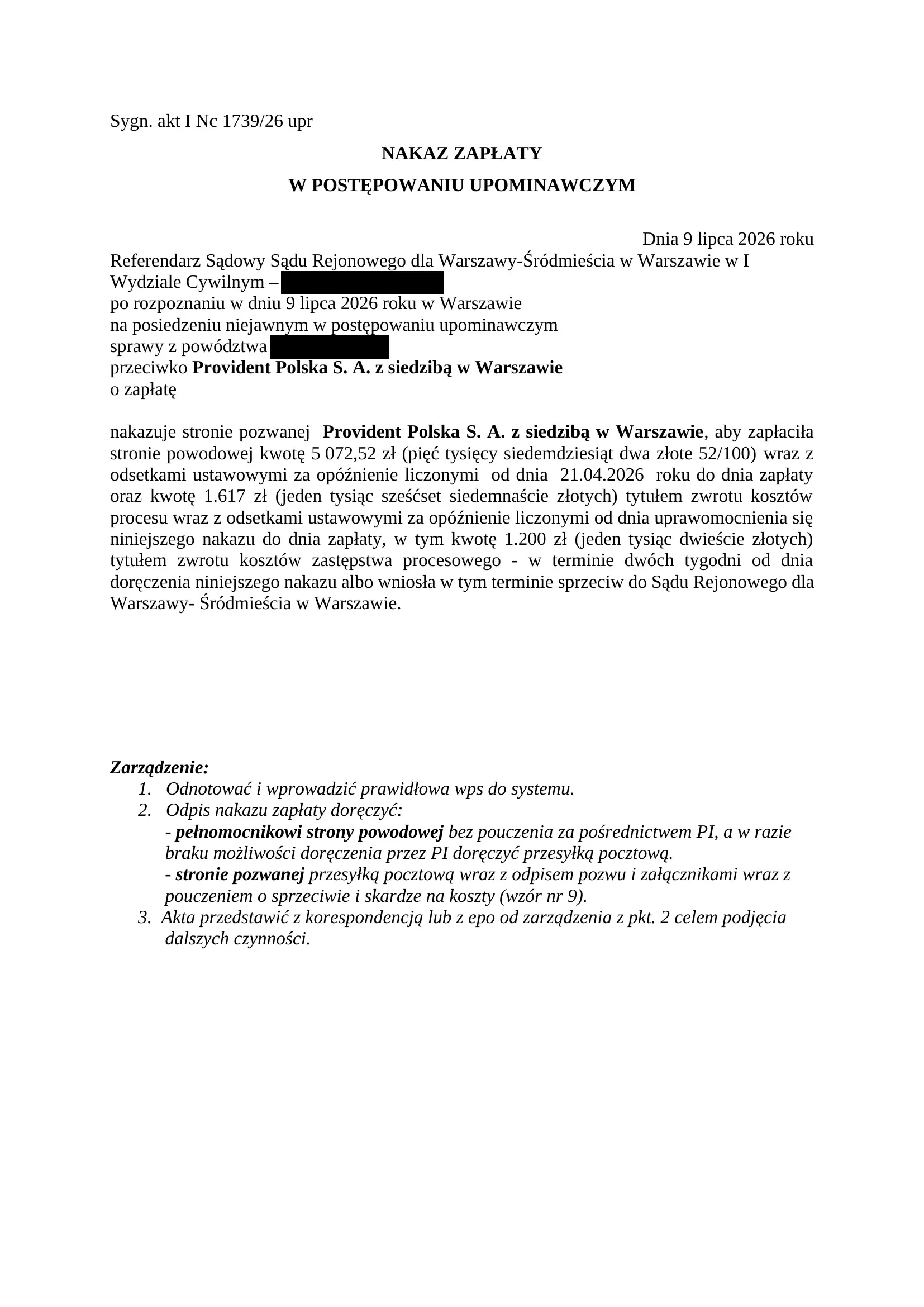Provident nakaz zapłaty SKD