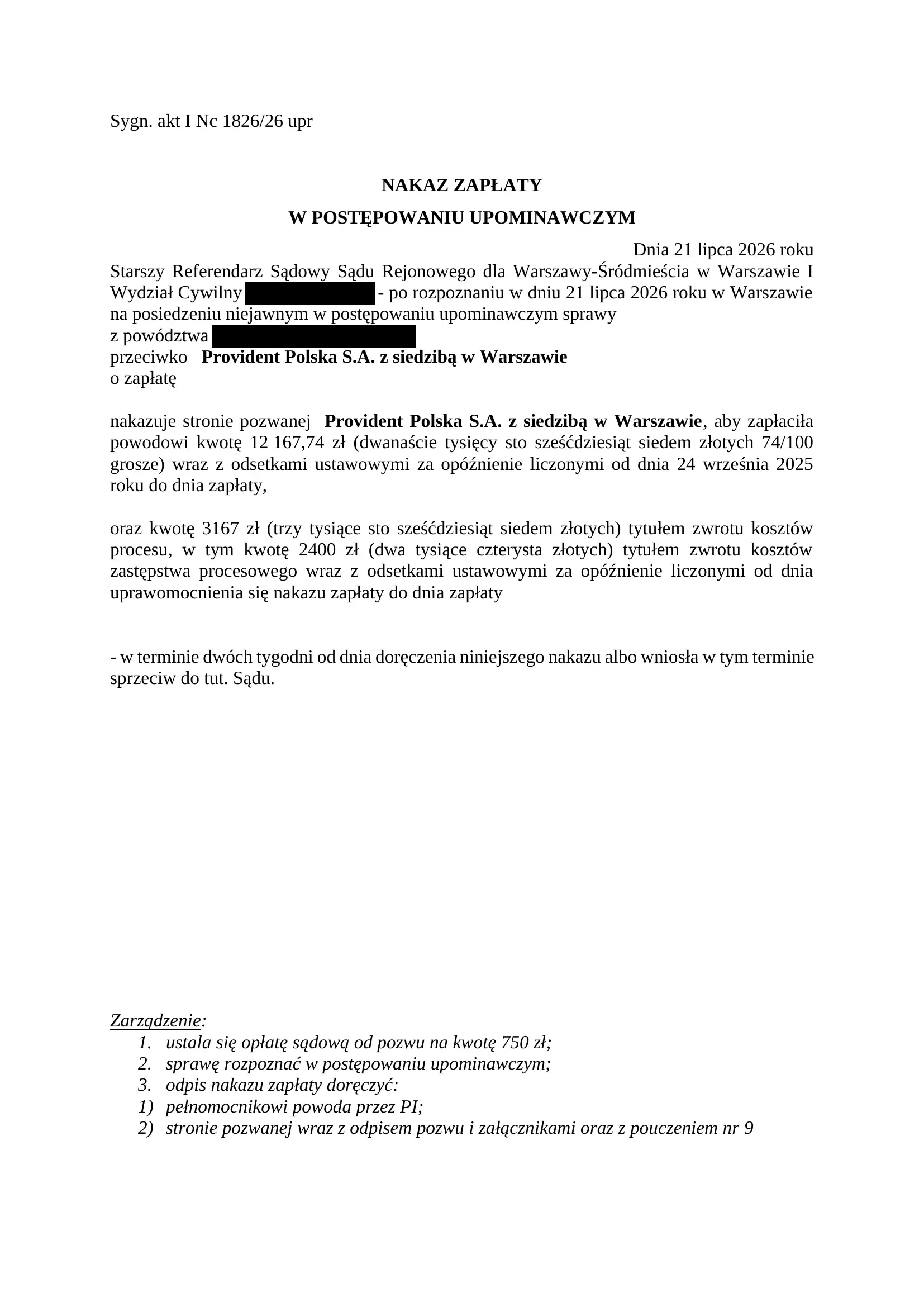 Provident nakaz zapłaty SKD